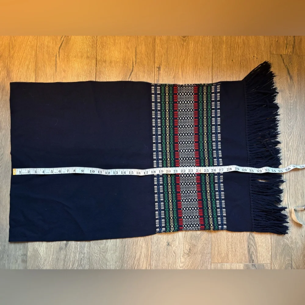 Wool Navy Patterned Scarf Wrap Handmade Fringe Cozy Winter Hygge Oversized - Picture 8 of 8